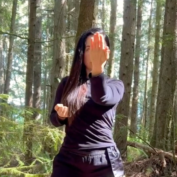 Kendra Mahon demonstrating Tan Sao, the palm-up dispersing hand